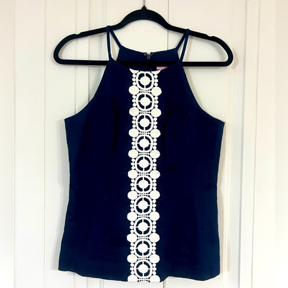 Lilly Pulitzer Annabelle Navy Blue Blouse Anchor Print Halter Top 4 Women's - Picture 1 of 4